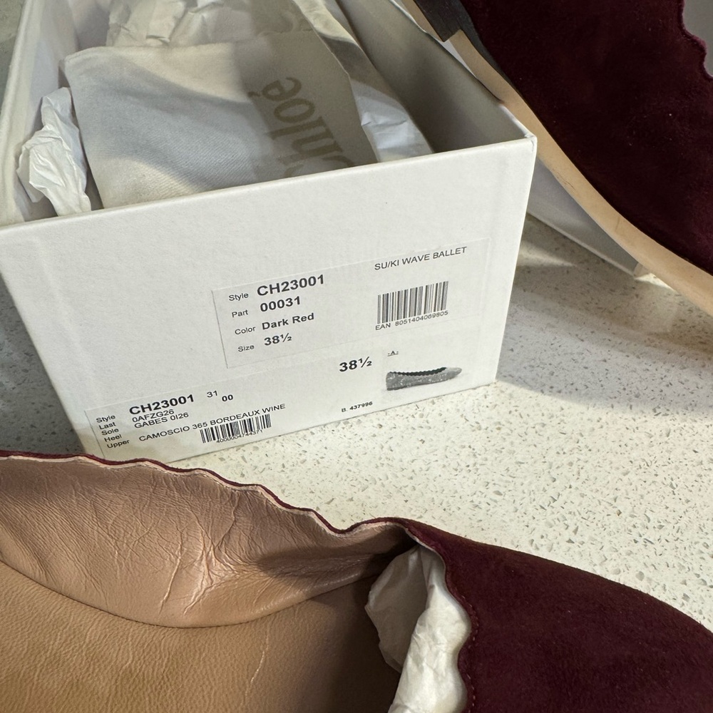 $550 Chloé Suede Scalloped Accent Ballet Flats Dark Red 38.5 NIB - Picture 7 of 8
